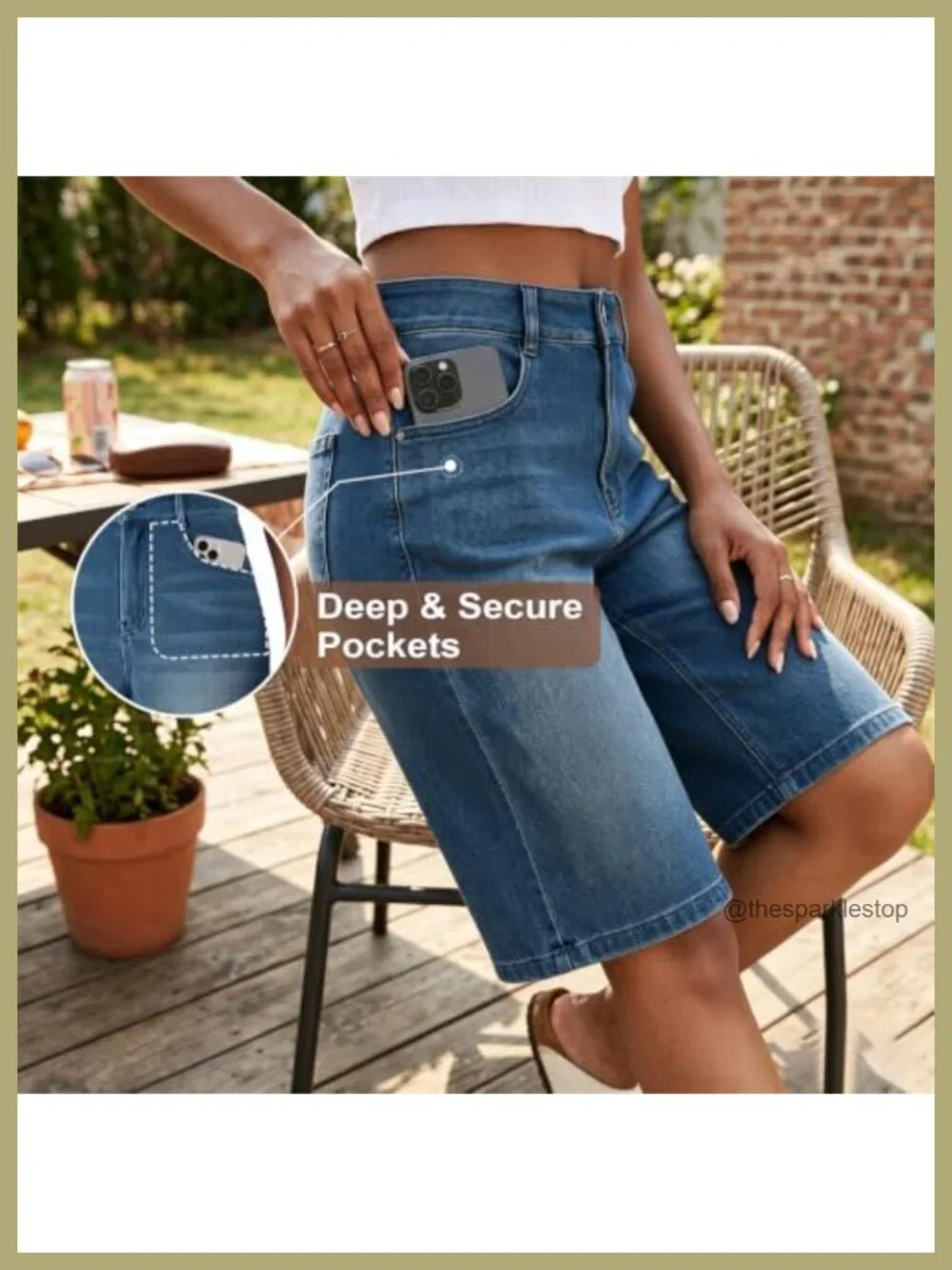 High Waisted Stretch Denim Bermuda Shorts, Wide Leg Loose Fit Knee Length with